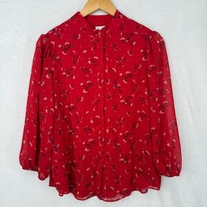 Joie Blouse Womens Small Red Floral Sheer Lined Long Sleeve Top